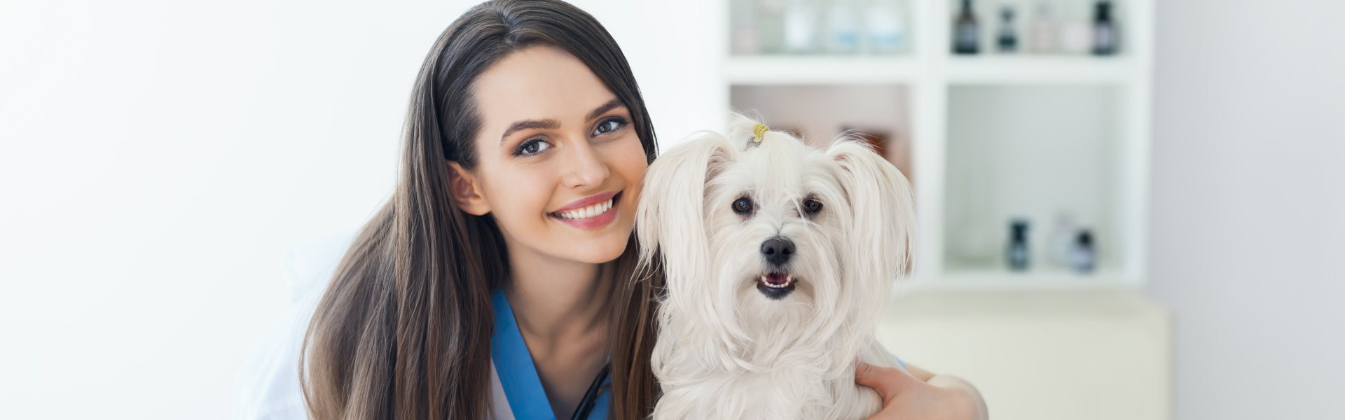 Beautiful smiling veterinarian doctor and cute white dog